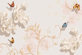 Samolepiaca tapeta zátišie s kvetmi a motýľmi vo vintage štýle