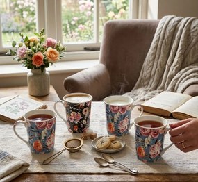 Sada 4ks modrý a čierny porcelánový hrnček s kvetmi - 12* 8*10 cm / 300 ml