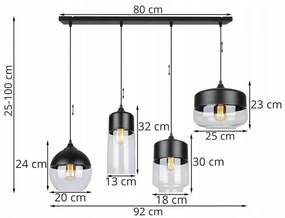 Závesné svietidlo OSLO 4, 4x čierne/transparentné sklenené tienidlo