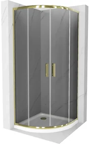 Mexen Rio, štvrťkruhový sprchovací kút s posuvnými dverami 80(dvere) x 80(dvere) x 190 cm, 6mm šedé sklo, zlatý profil + biela sprchová vanička SLIM, 863-080-080-50-40-4110G
