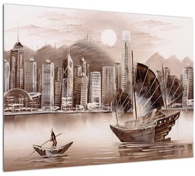 Obrázok - Victoria Harbor, Hong Kong, sépiový efekt (70x50 cm)
