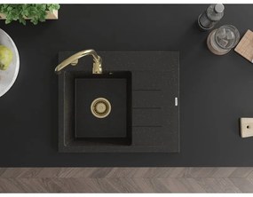 Mexen Ben, 1-komorový granitový drez 600x500x190 mm, ľavý + zlatý sifón, čierna-zlatá metalíza, 6522605000-75-G