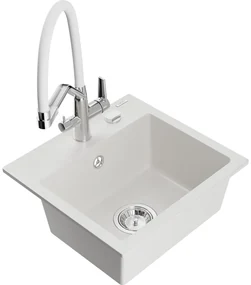 Mexen Milo, granitový drez 435x410x171 mm, 1-komorový a drezová batéria Duo, biela, 6505-20-671701-02