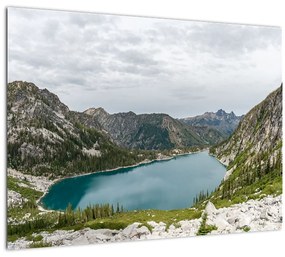 Sklenený obraz jazera v horách (70x50 cm)