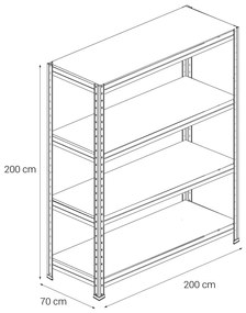 Kovový regál BULLRACK RIVET, 200x200x70 cm, 4x DTD polica, 600 kg na policu, zinok