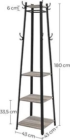 Vešiak na kabáty, vešiak na šaty s 3-úrovňovou policou, oceľový rám, šedo čierna farba