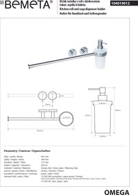 Bemeta Design OMEGA: Držiak uterákov, 230 ml, s dávkovačom mydla - 104019012