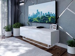 TV STOLÍK ELEGANTE 150 cm BIELY VYSOKÝ LESK + BIELY OCEĽOVÝ PODSTAVEC