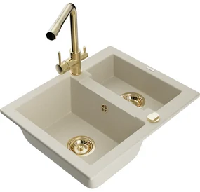 Mexen Carlos, 1,5-komorový granitový drez 582x475x177 mm a drezová batéria Duero, béžová, 6518-69-671600-50