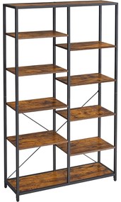 Úložný regál s oceľovým rámom 5-úrovňový, knižnica, rustikálny hnedý