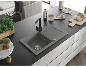 Mexen Pablo, granitový drez 752x436x161 mm, 1-komorový a čierna batéria Rita, šedá, 6510-71-670300-70