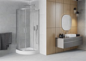 Mexen Rio, štvrťkruhový sprchovací kút s posuvnými dverami 90 x 90 cm, 5mm číre sklo, chrómový profil + biela vysoká sprchová vanička Rio, 863-090-090-01-00-4710