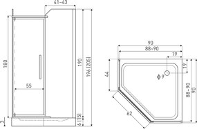 Novoterm Päťuholníkový sprchovací kút NV-Glasgow Plus 90x90, chróm/transparent - bez vaničky