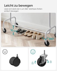 SONGMICS mobilný vešiak na oblečenie, vysúvacia šatníková tyč, max. 130 kg nosnosť, matná biela