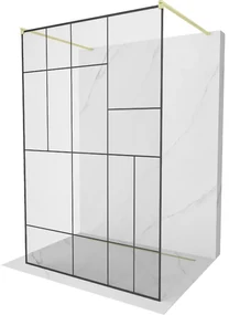 Mexen Kioto, sprchová zástena Walk-In 110 x 200 cm, 8mm sklo čierny vzor, zlatý matný profil, 800-110-002-55-78