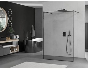 Mexen Kioto, priechodná sprchová zástena 130 x 200 cm, 8mm sklo číre/čierny vzor, 2x čierna stabilizačná rozpera, 800-130-002-70-70