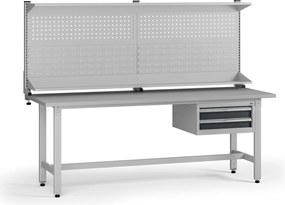 Výškovo nastaviteľný dielenský stôl G5 s nadstavbou, 2100 x 750 x 800-1000 mm, 1x kontajner, 2 zásuvky, grafit
