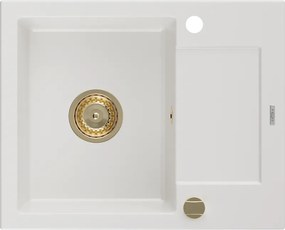 Mexen Enzo, granitový drez 576x465x174 mm, 1-komorový, biela so zlatým sifónom, 6506571005-20-G