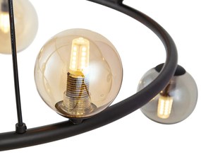 Závesná lampa čierna s dymovým a jantárovým sklom okrúhla 8-svetiel - Monaco