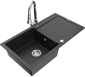 Mexen Leo, 1-komorový granitový drez 900x500x190 mm a drezová batéria Elia, čierna-zlatá metalíza, 6501-75-670101-00