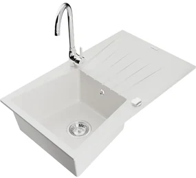 Mexen Cesar, 1-komorový granitový drez s odkvapkávačom 78x47 cm a kuchynskou batériou Telma, biela, 6514-20-670200-00