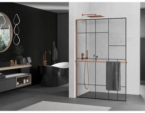 Mexen Kioto+ L, sprchová zástena Walk-In s poličkou a vešiakom 80 x 200 cm, 8mm číre sklo čierny vzor, ružové zlato profil, 800-080-123-60-78