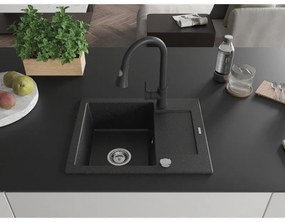 Mexen Enzo, 1-komorový granitový drez 576x465x174 mm a drezová batéria Elia, čierna-strieborná metalíza, 6506-73-670101-70