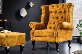 Invicta Interior -  Kreslo CHESTERFIELD 85cm, horčicovo žlté, zamat
