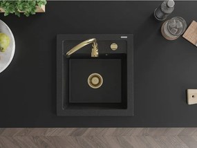 Mexen Vito, granitový drez 520x490x210 mm, 1-komorový, čierna-strieborná metalíza so zlatým sifónom, 6503521000-73-G