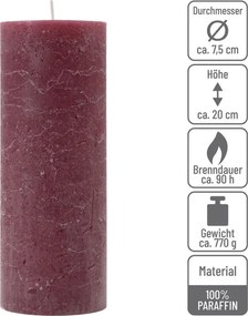 Bordó parafínová sviečka rustikálna 20 cm, 90 h, sada 6 ks