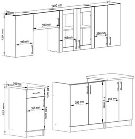 Kuchynská linka LIMA s vitrínou 2.4 m H720 biela / dub sonoma