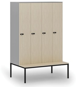 Drevená šatníková skrinka s lavičkou, 4 oddiely, 1871 x 1200 x 500/800 mm, mechanický kódový zámok, sivá/breza
