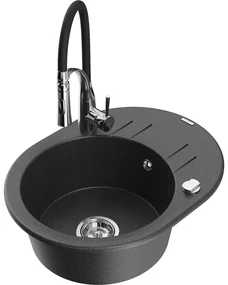 Mexen Kevin, 1-komorový granitový drez 586x458x190 mm a drezová batéria Aster, čierna škvrnitá, 6517-76-73450-07