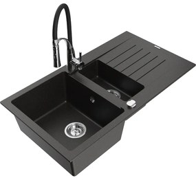 Mexen Matias, granitový drez 900x505x200 mm, 1,5-komorový a drezová batéria Aster, čierna-zlatá metalíza, 6502-75-73450-07