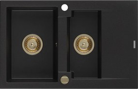 Mexen Gaspar, granitový drez 737x475x177 mm, 1,5-komorový, čierna so zlatým sifónom, 6507731505-77-G