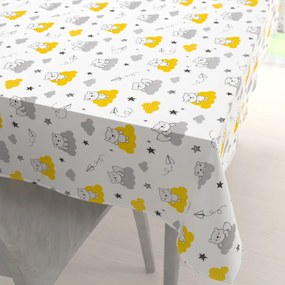 Biante Detský bavlnený obdĺžnikový obrus Sandra SA-725 Medvedíky na žlto-sivých obláčikoch na bielom 60x100 cm