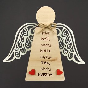 AMADEA Drevený anjel stojaci s krídlami a motivačným textom, masívne drevo, 18 x 15 cm
