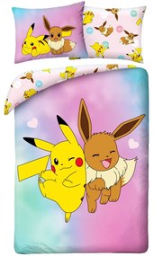 Obojstranné posteľné obliečky z mikrovlákna Pokémoni – motív Pikachu a Eevee - 70 x 90 cm + 140 x 200 cm - zipsové zapínanie