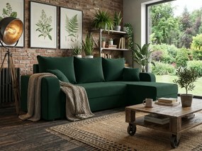 Rozkladacia obojstranná sedacia súprava do L VALERIO 238x140 cm, tmavozelená + 2 vankúšiky ZDARMA