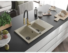Mexen Gaspar, 1,5-komorový granitový drez 737x475x177 mm a drezová batéria Aster, béžová, 6507-69-73450-57-B