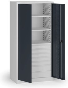 Dielenská zásuvková skriňa na náradie KOVOS, 3 police, 7 zásuviek, perforovaná, 950 x 600 x 1950 mm, grafit