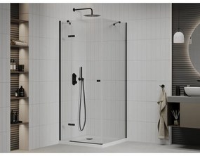 Mexen Roma, sprchovací kút s 1-krídlovými dverami 90 (dvere) x 90 (stena) cm, 6mm číre sklo, čierny profil, slim sprchová vanička 5cm biela s čiernym sifónom, 854-090-090-70-00-4010B