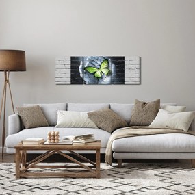 Obraz - Zelený motýľ v stene (s hodinami) (90x30 cm)