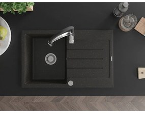 Mexen Bruno, 1-komorový granitový drez 795x495x200 mm a drezová batéria Aster, čierna-zlatá metalíza, 6513-75-73450-07