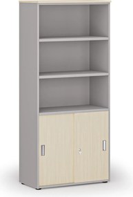 Kombinovaná kancelárska skriňa PRIMO GRAY, zasúvacie dvere na 2 poschodia, 800 x 420 x 1781 mm, sivá/breza