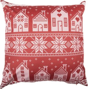 Červená obliečka na vankúš s domčekmi a vločkami - 45*45 cm