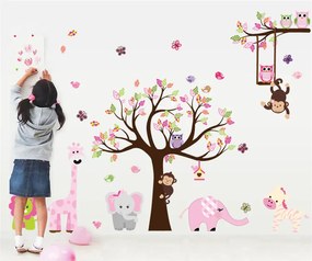 Veselá Stena Samolepka na stenu na stenu Ružový strom s hojdačkou a zvieratkami zo Zoo