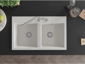 Mexen Hektor, 2-komorový granitový drez 800x480x205 mm, biela, chrómový sifón, 6521802000-20