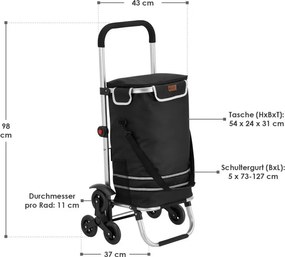 Nákupný vozík 3 v 1 na schody - objem 56 l, čierny