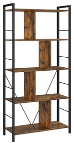 Knižnica, industriálna, 5 políc, 150x74x30cm, vintage hnedo-čierna